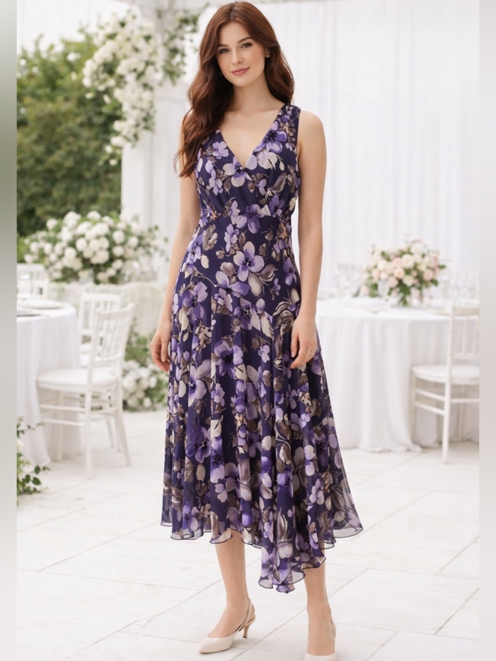 Sleeveless V-Neck Midi Dress Handkerchief Hem Womens 8 Purple Brown Floral Flowy